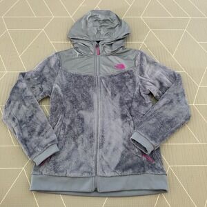 The North Face Women's L Fleece Teddy Jacket Gray Pink Logo Zip Front Hooded